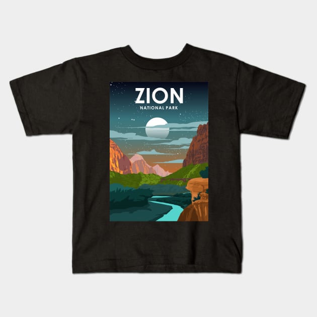 Zion National Park Night Sky Stars Vintage Travel Poster Kids T-Shirt by jornvanhezik